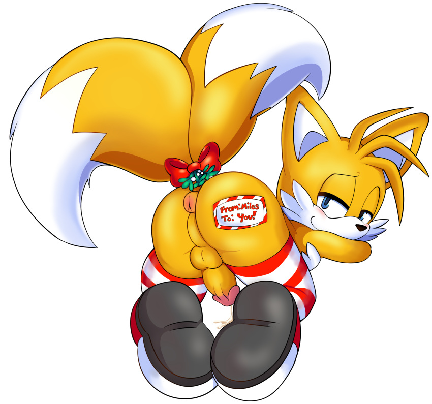 1boy all_fours anthro anus ass_up blue_eyes blush bow canine chest_tuft clothing cum erection footwear fox fur furry gift hair half-closed_eyes legwear looking_at_viewer looking_back male male_only mammal miles_"tails"_prower mistletoe penis plant presenting sega senshion shoes simple_background smile sonic_(series) stockings tag testicles text tuft yaoi