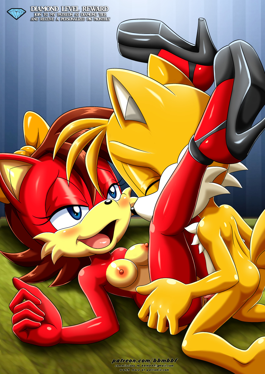 animal_ears archie_comics bbmbbf blue_eyes blush breasts brown_hair fiona_fox furry high_heels miles_"tails"_prower mobius_unleashed nipples open_mouth palcomix pietro's_secret_club sega sex smile sonic_(series) sonic_the_hedgehog_(series)