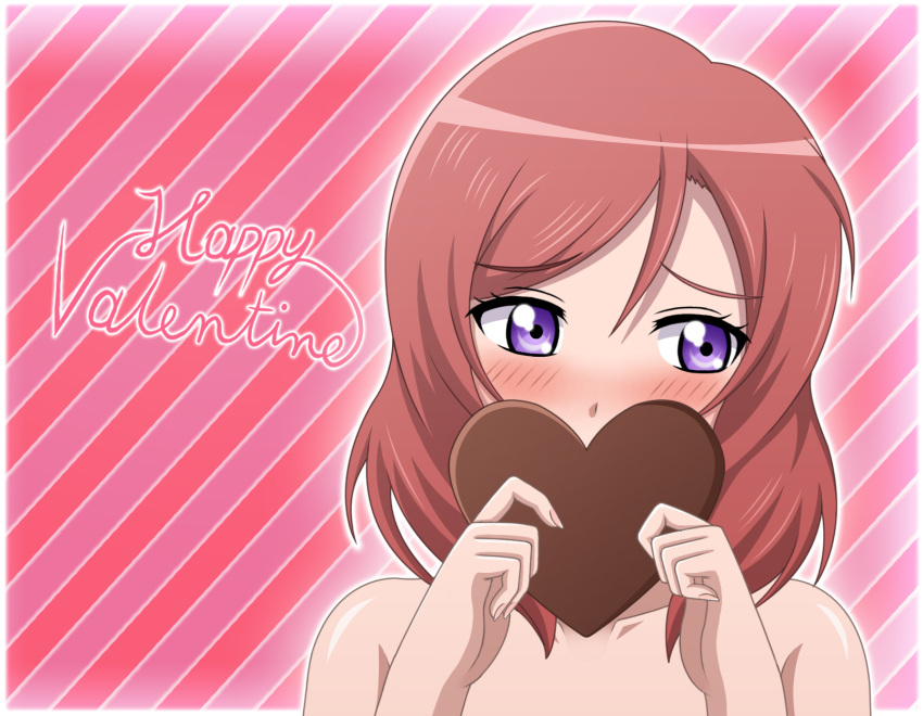 1girl blush chocolate chocolate_heart covering_face embarrassed happy_valentine heart highres looking_at_viewer love_live! love_live!_school_idol_project nishikino_maki nude ogoro purple_eyes red_hair redhead short_hair solo valentine valentine's_day
