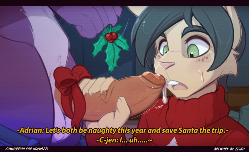 2016 anthro bow_tie christmas clothed clothing dialogue english_text erection fur furry green_eyes holding_penis holidays holly_(plant) lagomorph male male/male mammal penis plant precum purple_fur rabbit sweat teeth testicles text throbbing vein zeiro