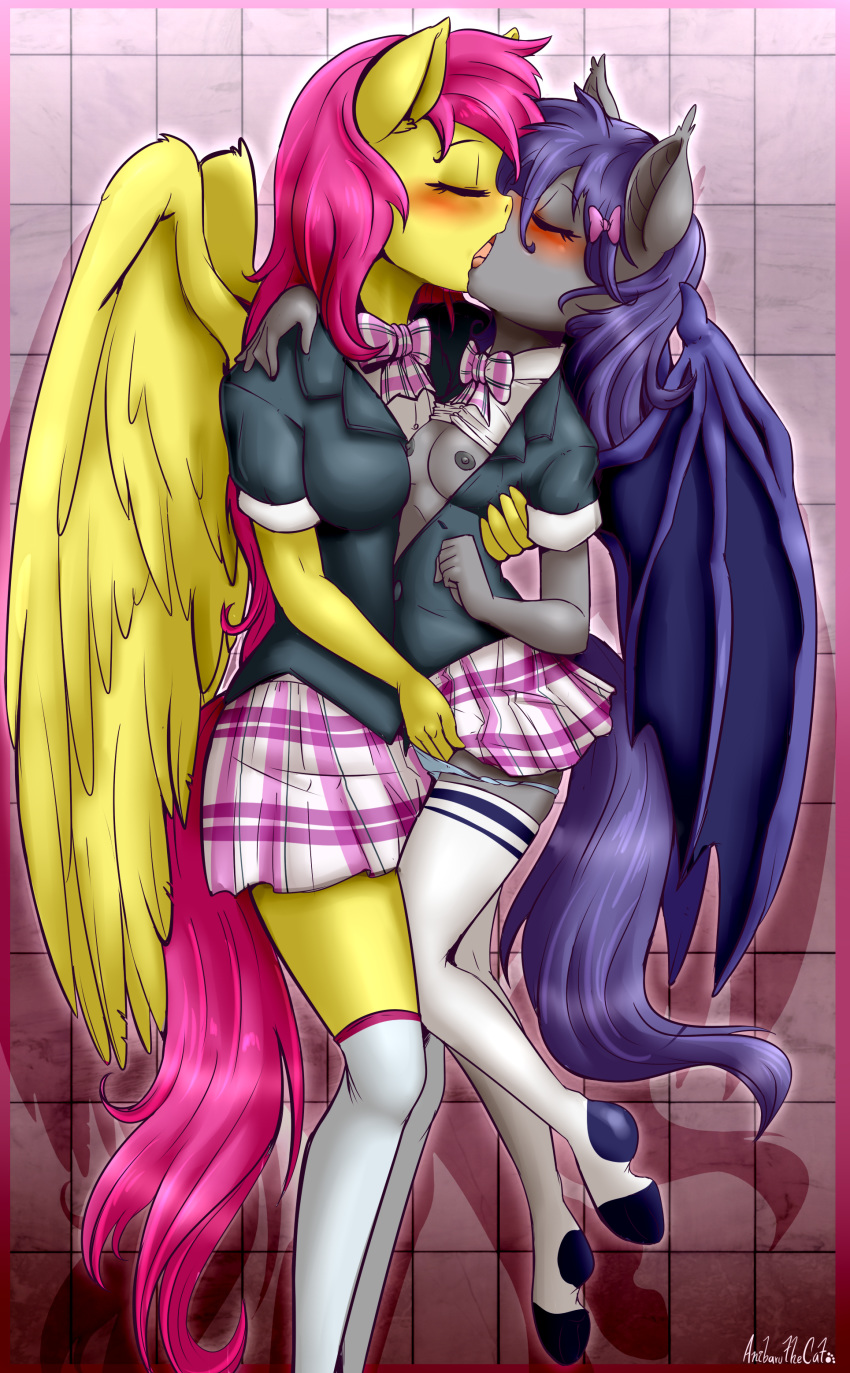 1girl 2017 absurd_res anibaruthecat anthro areola bat_pony bat_wings blush border breast_squish breasts breasts_frottage closed_eyes clothed clothing duo dusk_rhine equine fan_character feathered_wings feathers female/female fingering furry hair hand_in_panties hand_in_underwear high_res inner_ear_fluff legwear mammal membranous_wings my_little_pony nipples open_mouth panties pegasus pink_hair pink_tail purple_hair purple_tail raised_shirt raised_skirt school_uniform skirt stockings stockings underwear uniform vaginal wings yellow_feathers