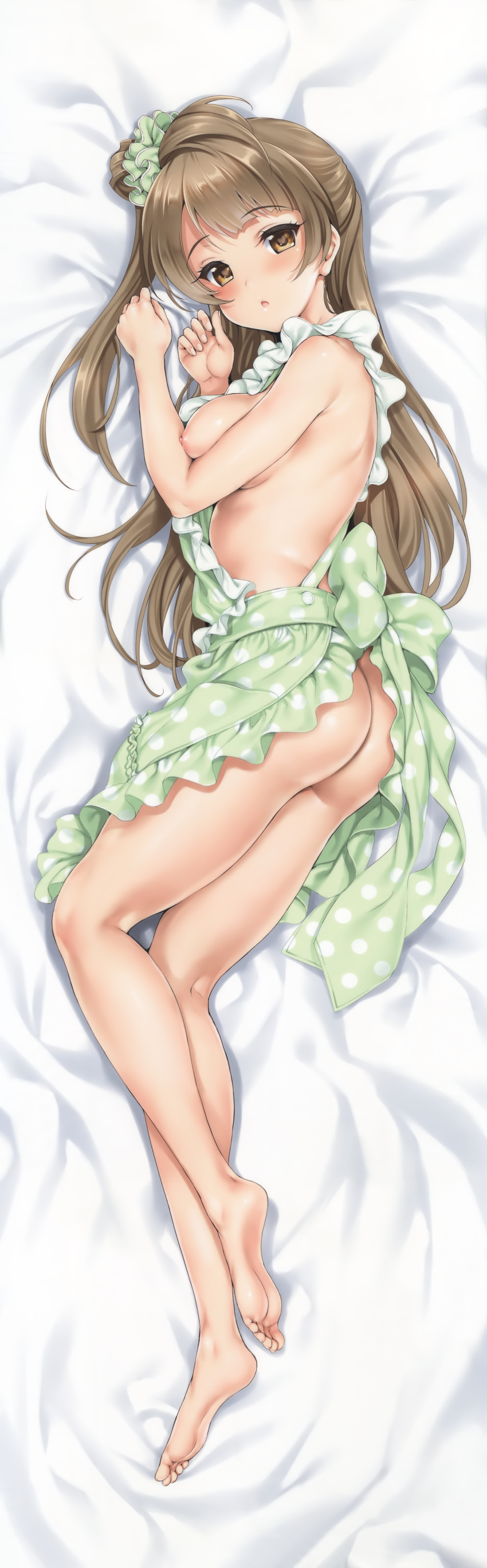 1girl :o absurdres apron ass bare_legs barefoot blush bow breasts dakimakura feet from_side full_body hair_ornament hair_scrunchie heart heart-shaped_pupils highres huge_filesize kure_masahiro light_brown_eyes light_brown_hair long_hair looking_at_viewer love_live! love_live!_school_idol_project lying medium_breasts minami_kotori naked_apron nipples on_side one_side_up parted_lips polka_dot polka_dot_apron polka_dot_bow polka_dot_ribbon scan scrunchie sideboob solo symbol-shaped_pupils