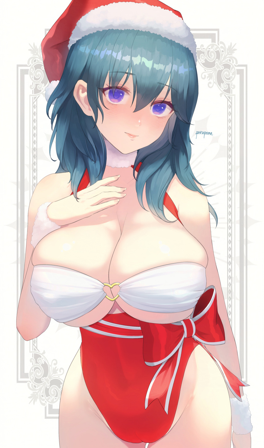 1girl 2023 absurd_res alluring artist_name big_breasts blue_eyes bow byleth_(fire_emblem) byleth_(fire_emblem)_(female) christmas cleavage female_only fire_emblem fire_emblem:_three_houses high_res light-skinned_female light_skin looking_at_viewer nintendo parupome santa_hat teal_hair watermark wide_hips