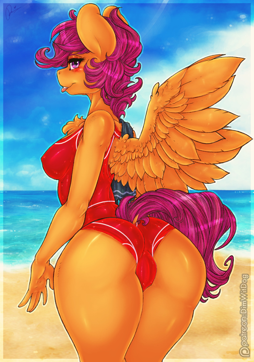 1girl 1girl 2017 absurd_res aged_up anthro anthrofied ass beach blush cameltoe clothing digital_media_(artwork) dimwitdog equine feathered_wings feathers friendship_is_magic hair high_res mammal my_little_pony orange_feathers outside patreon pegasus purple_hair scootaloo_(mlp) seaside swimsuit tongue tongue_out towel water wings