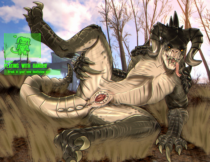 1girl 1girl anus claws clitoris deathclaw english_text fallout feral forked_tongue high_res horn johawk looking_at_viewer open_mouth presenting pussy raised_leg scalie smile spread_legs spreading teeth text tongue tongue_out video_games