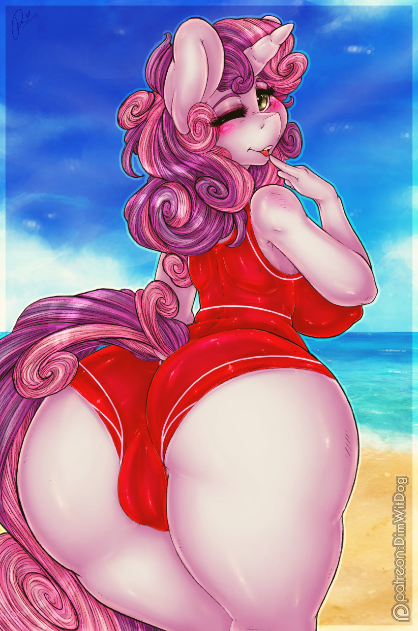 1girl 1girl 2017 absurd_res aged_up anthro anthrofied ass big_ass blush cameltoe clothing digital_media_(artwork) dimwitdog equine friendship_is_magic hair high_res horn long_hair mammal multicolored_hair my_little_pony one_eye_closed outside patreon sweetie_belle_(mlp) swimsuit two_tone_hair unicorn