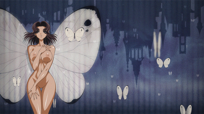 16:9_aspect_ratio 1girl 1girl akiranime areola bare_shoulders big_breasts blinking breasts brown_eyes brown_hair bug butterfly butterfly_wings clavicle earrings extremely_large_filesize eyebrows_visible_through_hair female_focus fingernails gif gif hair_over_eyes insect jewelry large_filesize looking_at_viewer matching_hair_and_eye_color navel nipples nude parted_lips pussy shiny shiny_skin skindentation waving_hair wings