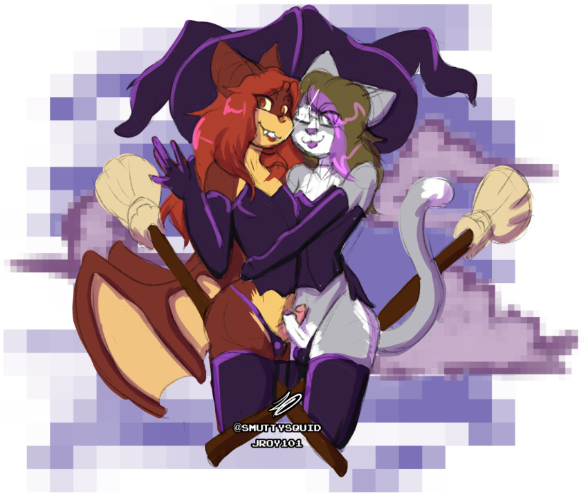 anthro bat bulge cat clothed clothing cosplay cute digital_media_(artwork) erection eyewear fangs feline fur furry girly glasses hair jroy101 looking_at_viewer magic magic_user male male/male mammal penis roi simple_background smile tongue tongue_out