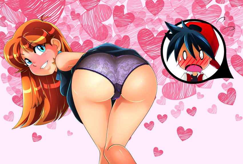 1boy 1girl :d ass bare_legs bare_shoulders baseball_cap bent_over black_dress black_hair black_panties blue_(pokemon) blue_eyes blush breasts brown_hair coat commentary_request dress drooling earrings eyebrows_visible_through_hair from_behind hat heart heart_background highres human jewelry leaf_(pokemon) legs long_hair looking_back naughty_face open_clothes open_coat open_mouth panties pokemon pokemon_special pov_ass presenting red_(pokemon) red_hat sexy_ass shirt shocked skirt skirt_lift sleeveless sleeveless_dress smile sweatdrop teeth thighs thought_bubble underwear