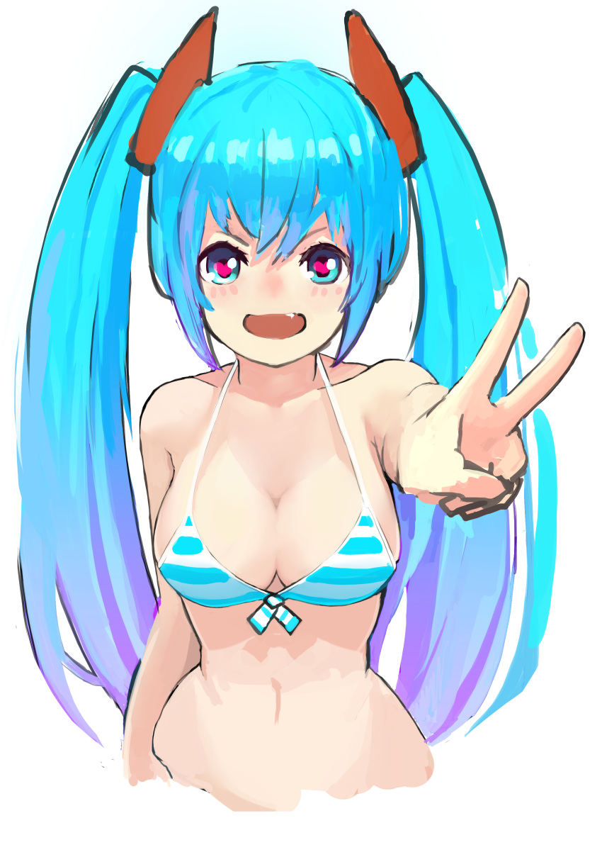 &lt;3 1girl absurdres ao_(1234painter) bikini blue_eyes blue_hair breasts cleavage fang hatsune_miku heart heart-shaped_pupils heart_eyes highres medium_breasts miku_hatsune navel open_mouth sketch smile solo striped striped_bikini swimsuit symbol-shaped_pupils twin_tails upper_body v vocaloid waist