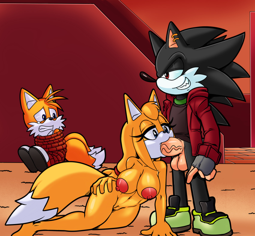 1girl anthro bdsm big_breasts big_penis bondage bound breasts canine cuckold dreamcastzx1 escopeto fan_character fellatio fox furry hedgehog male mammal miles_"tails"_prower oral penis rope sega sonic_boom zooey_the_fox