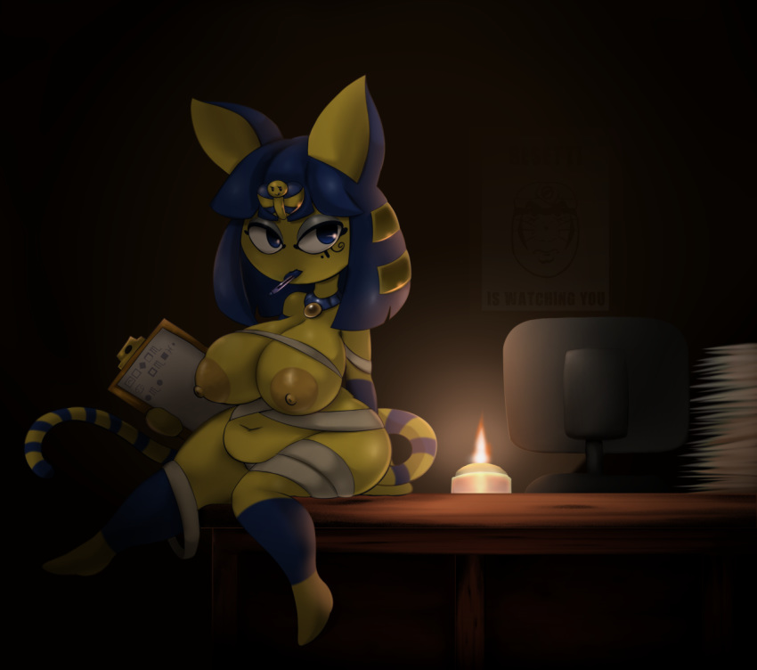 1girl 2017 animal_crossing ankha ankha_(animal_crossing) anthro areola bandage belly big_belly big_breasts blue_eyes blue_hair breasts candle cat clothed clothing computer egyptian elfdrago feline fur furry hair huge_breasts jewelry mammal metachoke mole mr._resetti navel necklace nintendo nipples overweight poster skimpy slightly_chubby video_games wrappings yellow_fur