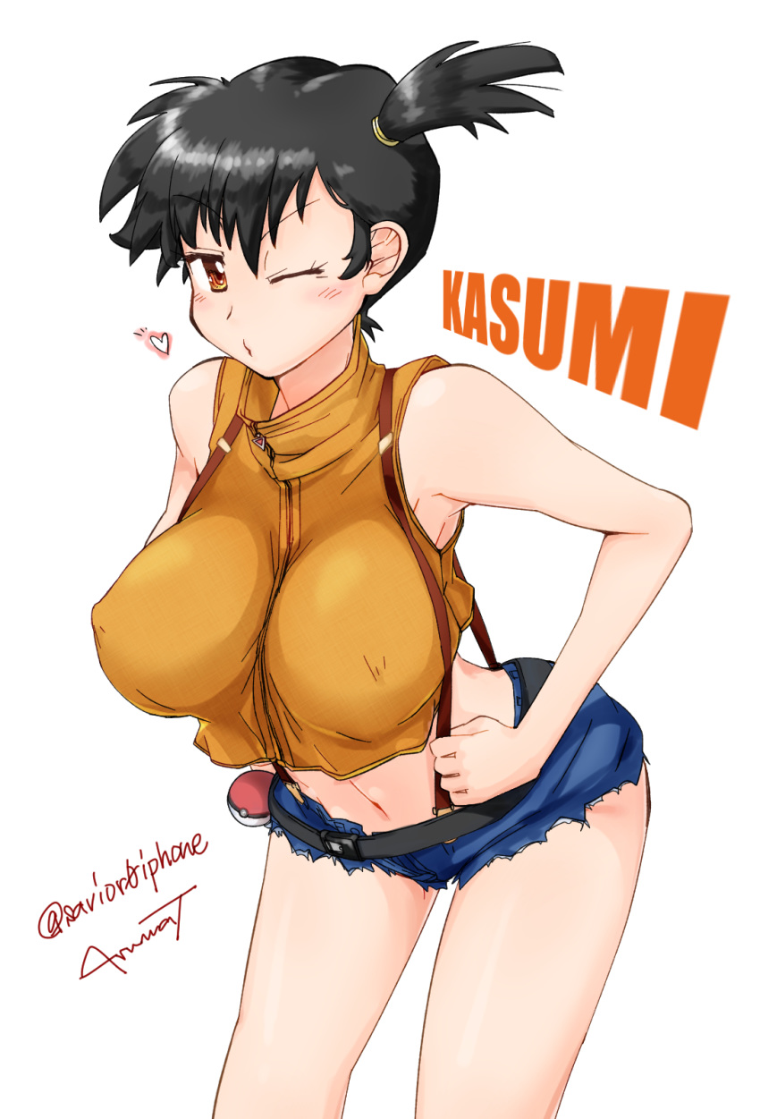 1girl alternate_hair_color armpits artist_name arumat bare_arms bare_shoulders belt black_hair blow_kiss blowing_kiss blown_kiss breasts brown_eyes character_name covered_nipples cowboy_shot crop_top dengeki!_pikachu denim denim_shorts hands_on_hips heart highres kasumi_(pokemon) large_breasts leaning_forward looking_at_viewer midriff misty navel one_eye_closed poke_ball pokemon short_hair shorts side_ponytail signature simple_background sleeveless solo standing text twitter_username white_background