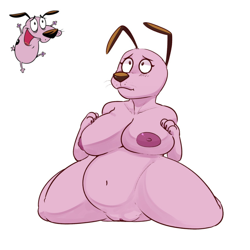1girl 2017 anthro big_breasts breasts canine cartoon_network courage courage_the_cowardly_dog courage_the_cowardly_dog_(character) crossgender cute dog fur furry hand_on_breast komponi mammal navel nipples nude pink_fur pink_nipples pussy simple_background slightly_chubby white_background