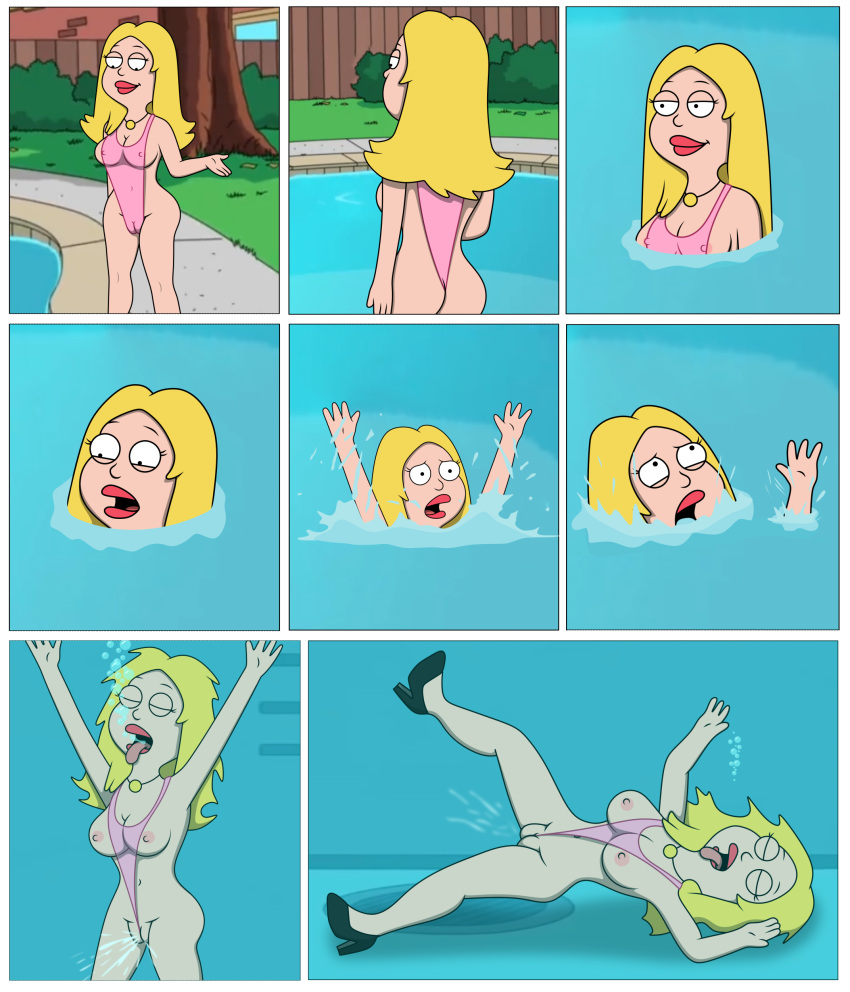 ahegao american_dad big_pussy blonde blonde_hair cameltoe drown drowning francine_smith one-piece_swimsuit outdoor_pool pool swimsuit swimsuit_pull underwater water wedgie