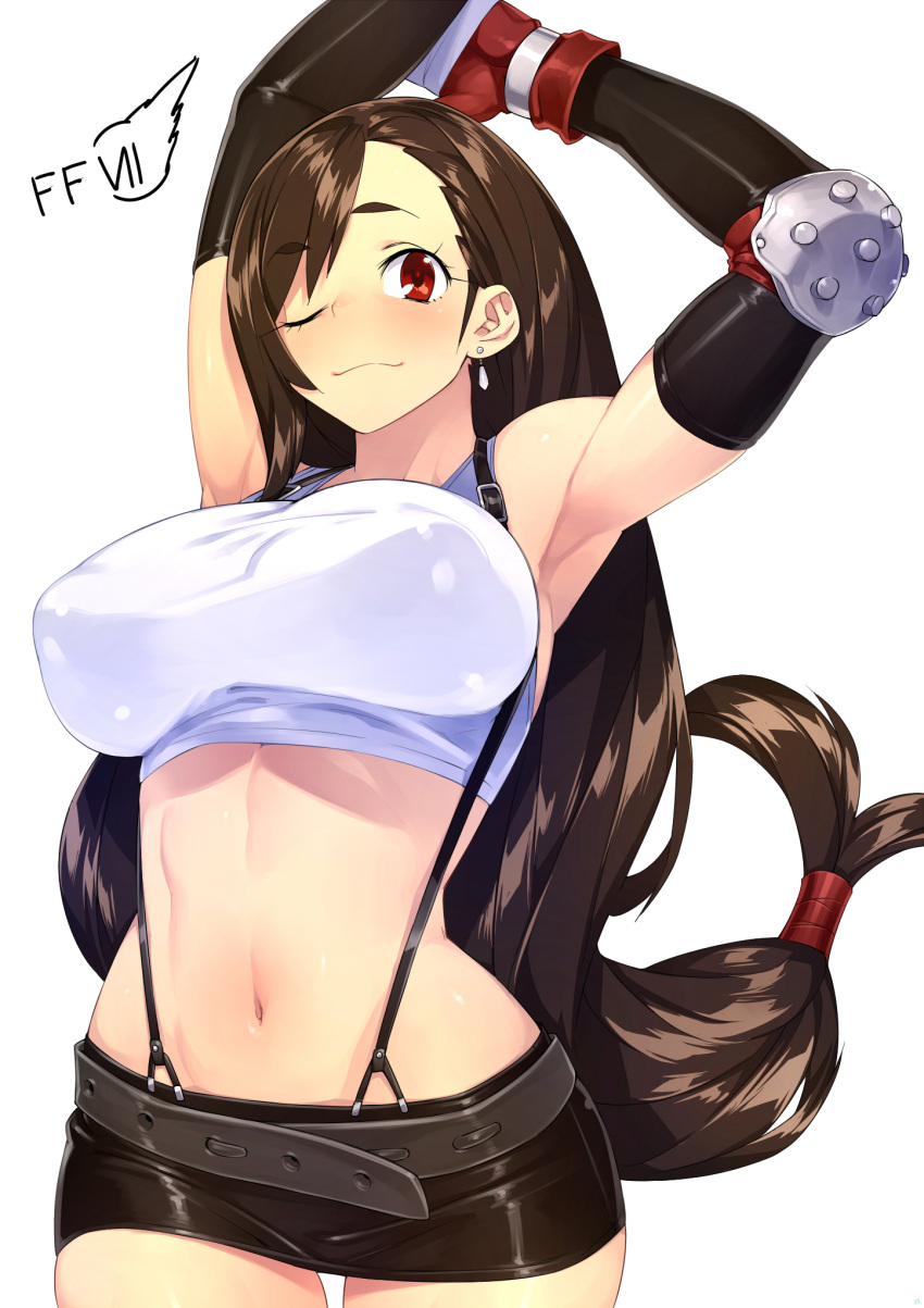1girl 1girl 1girl 23_(real_xxiii) armpits arms_up big_breasts big_breasts blush breasts brown_eyes brown_hair clothed_female elbow_gloves female_focus female_only final_fantasy final_fantasy_vii gloves high_res human long_hair miniskirt navel real_xxiii skirt smile solo_female solo_focus standing suspenders tagme tank_top thigh_gap tifa_lockhart video_game_character video_game_franchise wink