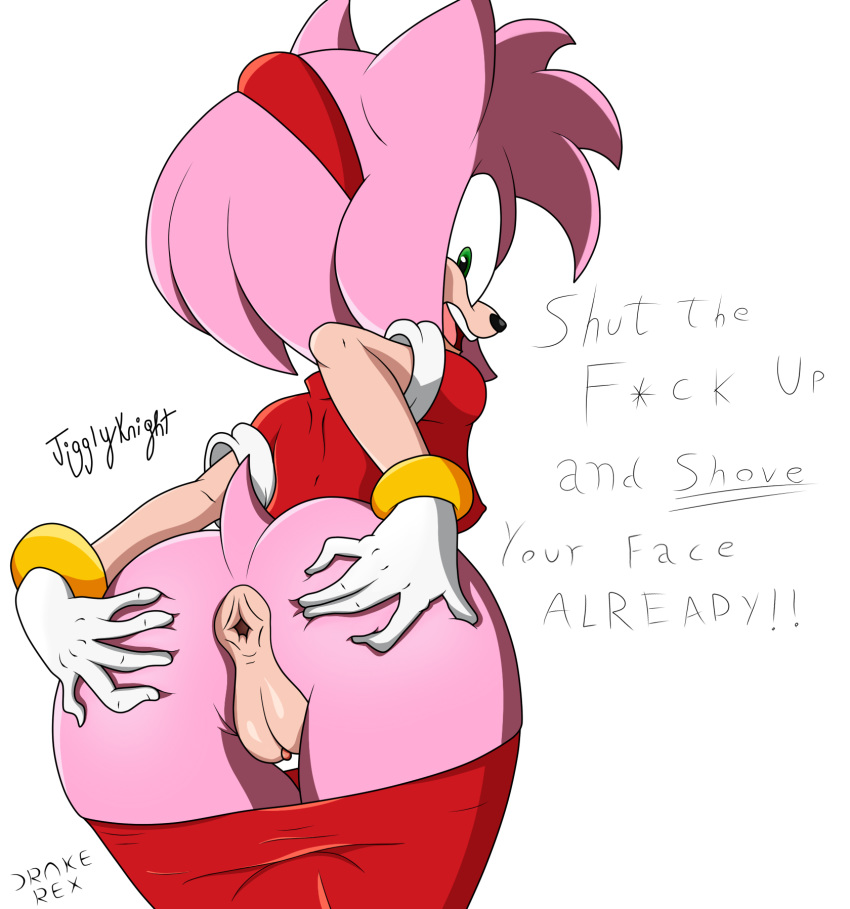1_female 1_girl 5_fingers amy_rose anthro anthro_only anus artist_request bent_over clitoris drake-rex english_text erinaceinae_humanoid female female_anthro female_only furry green_eyes hedgehog jigglyknight looking_at_viewer looking_back medium_breasts mobian_(species) pants_down pink_fur presenting pussy red_dress sega short_hair solo sonic_(series) sonic_the_hedgehog_(series) spread_anus standing text white_gloves