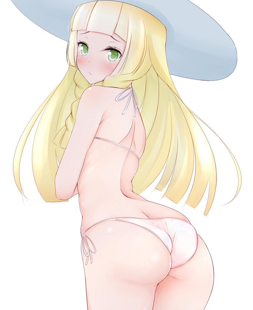1girl ass back bangs bare_back bikini blonde_hair blunt_bangs blush braid butt_crack closed_mouth embarrassed from_behind green_eyes hat highres lillie lillie_(pokemon) long_hair looking_at_viewer looking_back micro_bikini pokemon pokemon_(game) pokemon_sm pout shoulder_blades side-tie_bikini simple_background solo straight_hair suiren_(mystia6b) sun_hat swimsuit tight twin_braids white_background white_bikini white_hat
