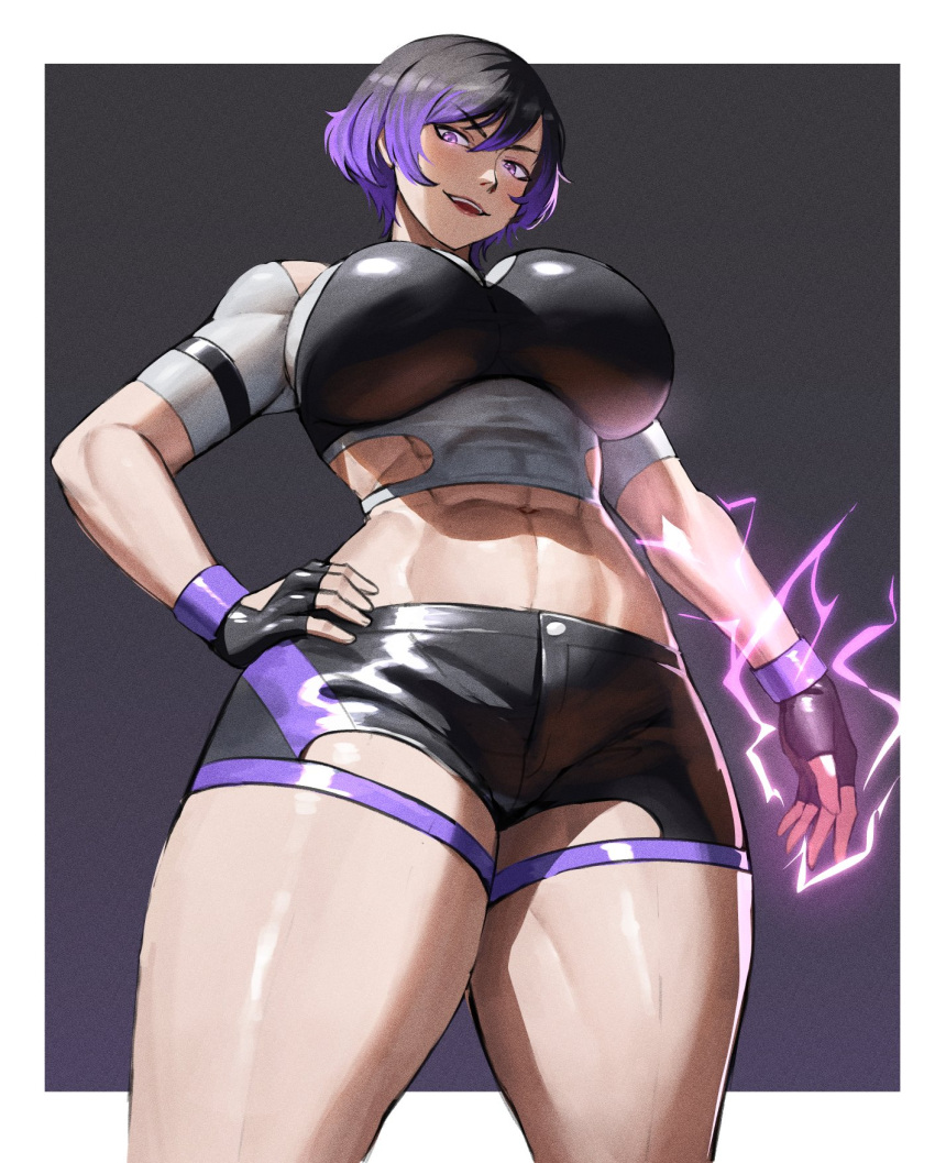 1girl abs anhuzart athletic_female bandai_namco big_breasts black_and_purple_hair breasts curvaceous curvy curvy_body curvy_female curvy_figure ethan69_(artist) female_abs fighter fingerless_gloves fit_female gloves glowing_eyes hand_on_hip muscular_female namco namco_bandai purple_eyes reina reina_(tekken) reina_mishima tekken tekken_8 thick_thighs thighs tomboy toned_female twitter voluptuous