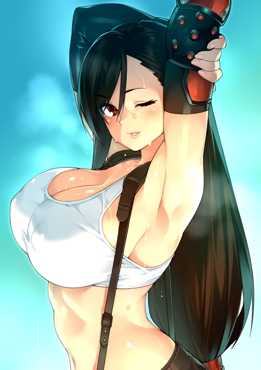 1girl 1girl 2020 23_(real_xxiii) absurd_res armpits arms_up big_breasts big_breasts blue_background breasts brown_eyes brown_hair clothed_female female_focus female_only final_fantasy final_fantasy_vii high_res long_hair nipple_bulge solo_female solo_focus sports_bra square_enix sweat sweating tagme tifa_lockhart video_game_character video_game_franchise