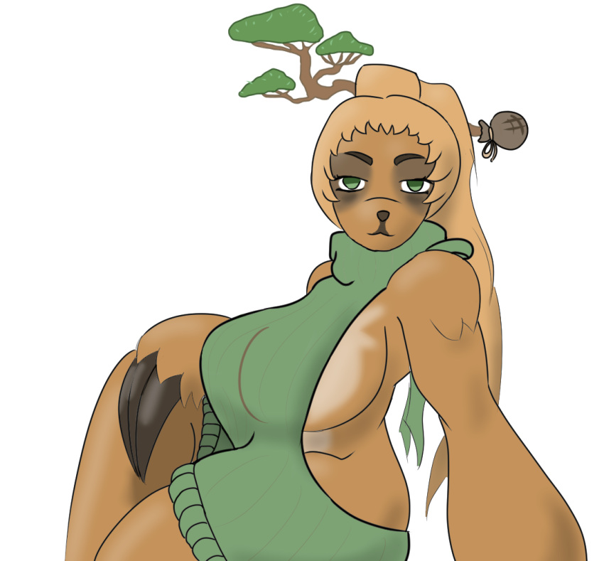 1girl anthro big_breasts breasts claws clothing fur furry mammal open_back_sweater plant ponytail simple_background sloth sweater tartaurus