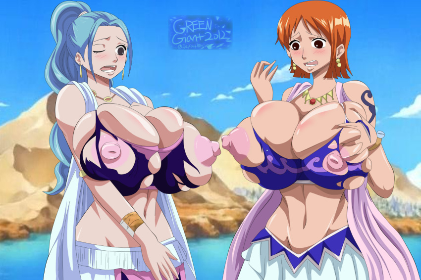 2_girls big_breasts breasts female_only greengiant2012 nami nefertari_vivi nipples one_piece torn_clothes wink
