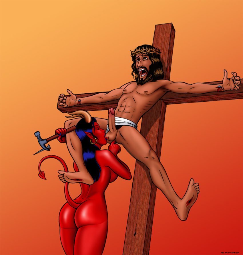 1boy 1girl abs anal_fingering artist_name ass back beard bent_arm bent_leg black_hair blood blue_hair blue_lips blue_nails breasts brown_eyes brown_hair christianity cross crucify demon demon_girl demon_tail duo earrings erection extro eyebrows facial_hair feet fingering full_body gradient gradient_background hammer hoop_earrings horns human humanoid injury jesus long_nails male_nipples nail nipples nude open_mouth pain penis pointy_ears pubic_hair red_skin religion ribs sideboob single_breast single_earring soles tail teeth testicle_licking testicles thorns toes tongue tongue_out underwear
