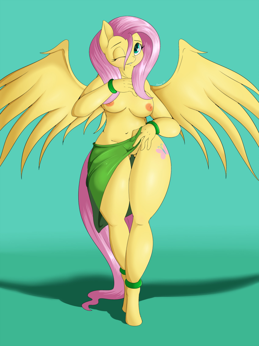1girl 1girl 2017 anklet anthro anthrofied areola bracelet breasts clothed clothing cutie_mark equine fluttershy_(mlp) friendship_is_magic furry hair high_res jewelry long_hair looking_at_viewer mammal my_little_pony navel nipples one_eye_closed pegasus pink_hair pussy smile spread_wings suirano topless wings
