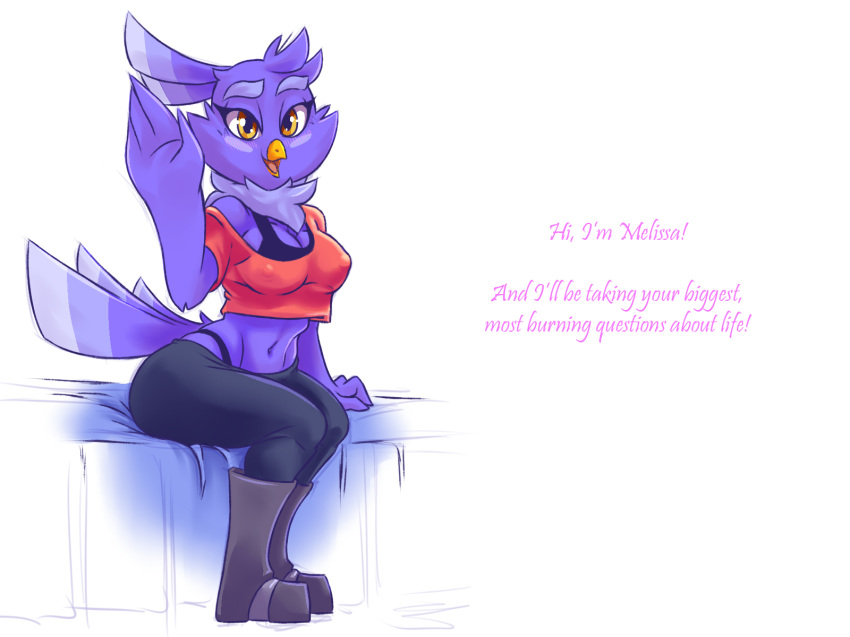 1girl 1girl 2016 anthro avian beak bed bird blush boots bra breasts cleavage clothed clothing english_text feathers footwear furry high_res looking_at_viewer mammal melissa_morgan midriff navel nipple_bulge off_shoulder open_mouth plagueofgripes purple_feathers purple_skin simple_background sitting smile super_planet_dolan text underwear white_background yellow_eyes yoga_pants