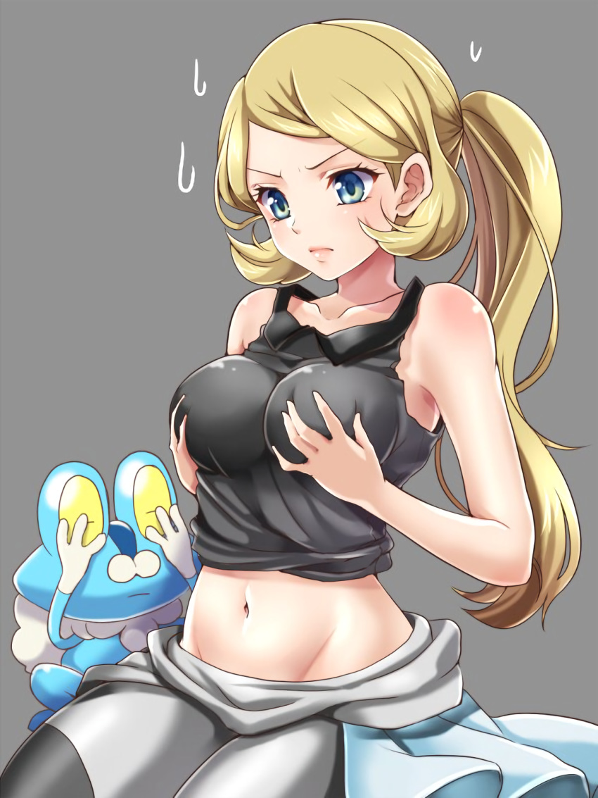 1girl bare_shoulders blonde_hair blue_eyes blush bodysuit breast_grab breasts clothes_around_waist covering_eyes froakie grabbing green_eyes highres large_breasts lips midriff mokorei navel no_bra no_panties pink_lips pokemon pokemon_special ponytail resized serena_(pokemon) solo stomach sweatdrop tank_top upscaled