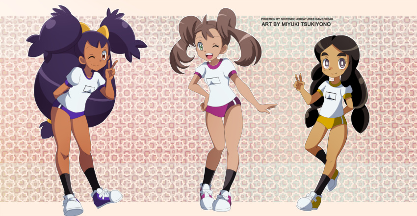 3girls deviantart hapu iris iris_(pokemon) miyuki-tsukiyono pokemon pokemon_bw pokemon_sm pokemon_xy pose sana_(pokemon) school shauna v wink