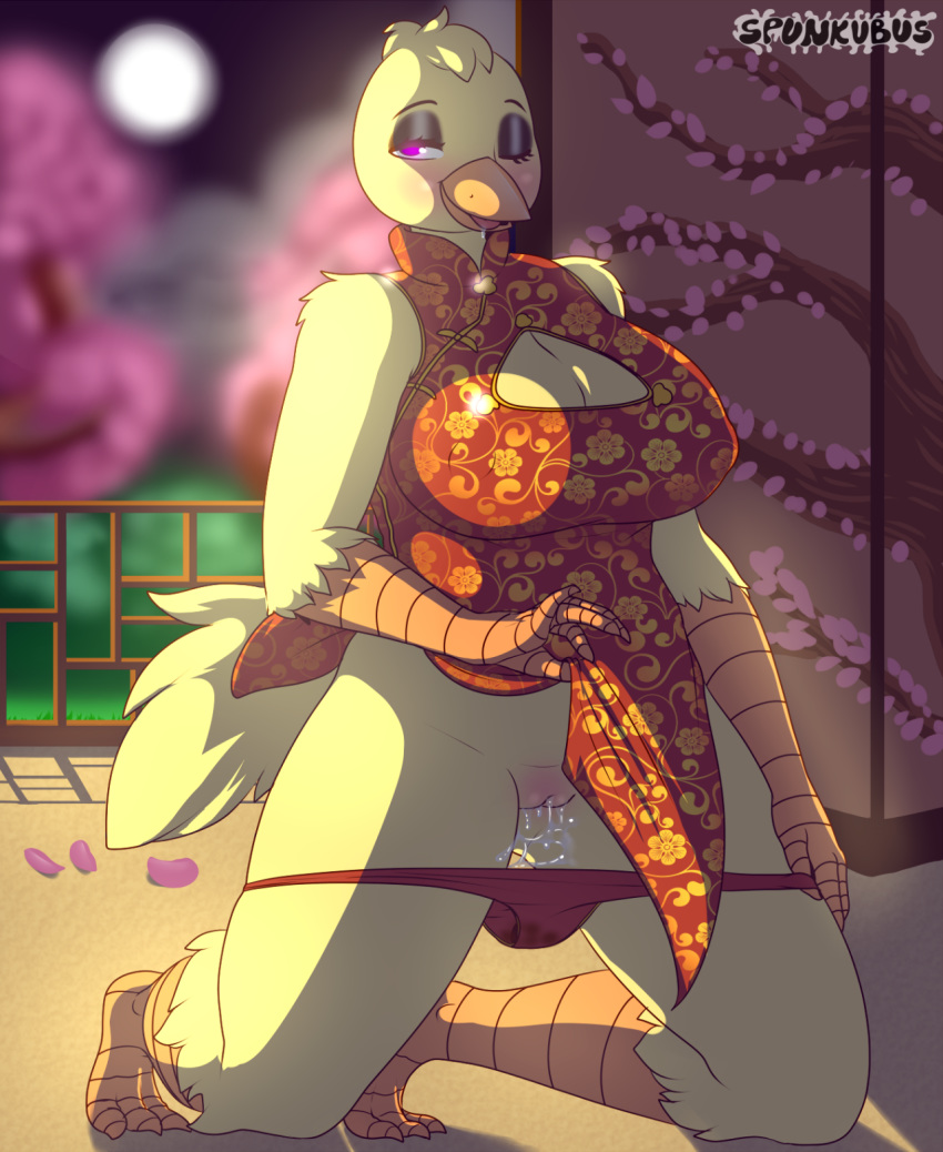 1girl 1girl anthro avian big_breasts bird blush breasts chica_(fnaf) chicken chinese_clothing chinese_dress cleavage clothed clothing dress five_nights_at_freddy's furry keyhole_turtleneck non-mammal_breasts panties presenting pussy pussy_juice spunkubus sweater underwear video_games year_of_the_rooster
