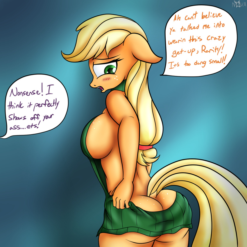 1girl 2017 5_fingers anthro anthrofied applejack ass big_ass big_breasts blonde_hair blush breasts clothed clothing digital_media_(artwork) earth_pony english_text equine eyebrows eyelashes freckles friendship_is_magic fur furry green_eyes hair horse looking_back mammal my_little_pony novaspark open_mouth pony sideboob simple_background sweater teeth text tongue virgin_killer_sweater