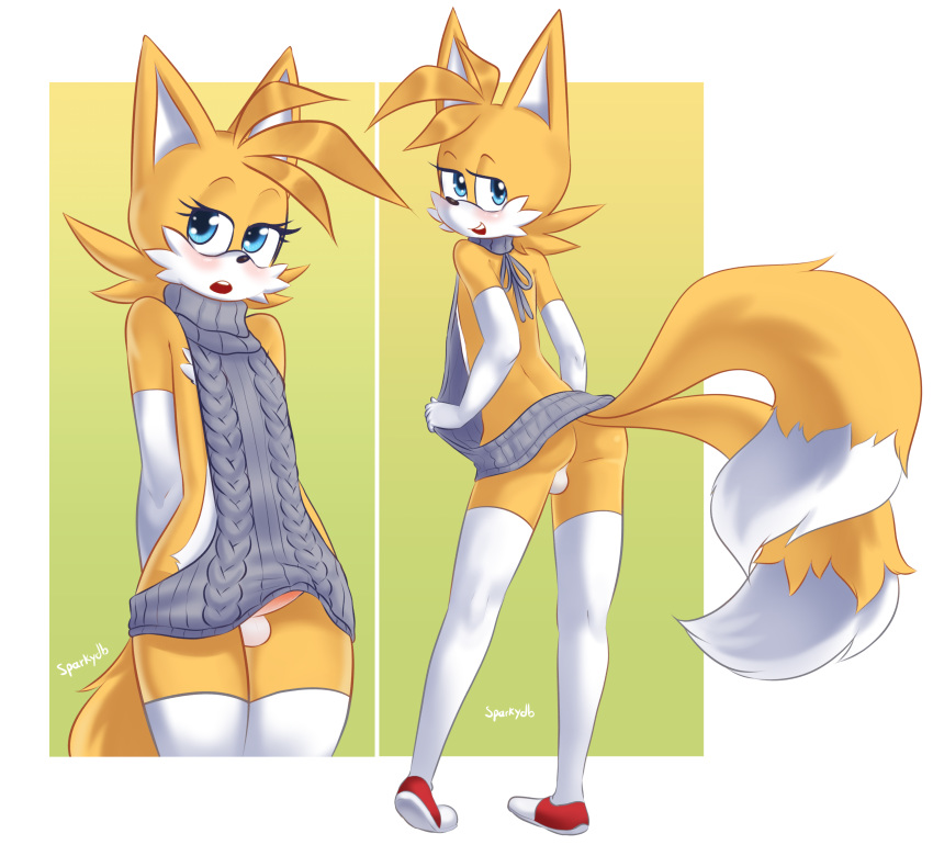 1girl anthro ass bottomless canine clothed clothing erection erection_under_clothes eyelashes fox front_view furry girly legwear long_eyelashes male mammal miles_"tails"_prower multiple_poses penis pose rear_view sega sparkydb stockings testicles virgin_killer_sweater wide_hips