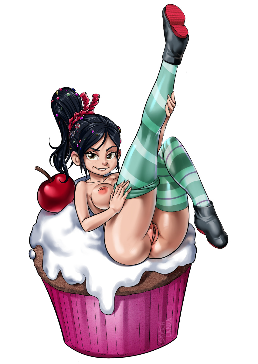 1girl ass big_ass big_breasts breasts cherry_(fruit) cupcake disney edit erect_nipples female food horny_female looking_at_viewer nude nude_female photoshop pussy sketchlanza smile solo stockings vanellope_von_schweetz wet_pussy wreck-it_ralph