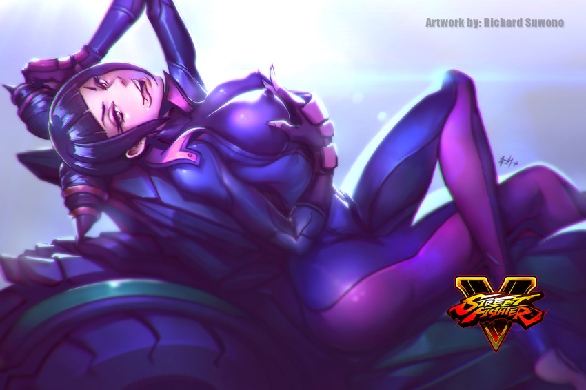1girl 1girl ass bedroom_eyes big_ass big_breasts black_hair bodysuit breast_grab breasts capcom clothed curvy drill_hair eyelashes female_only fingerless_gloves gloves high_res human juri_han looking_at_viewer lying motorcycle nipple_bulge on_back perky_breasts pink_eyes posing richard_suwono seductive self_fondle sidelocks street_fighter street_fighter_v toeless_legwear tongue tongue_out twin_drills vehicle