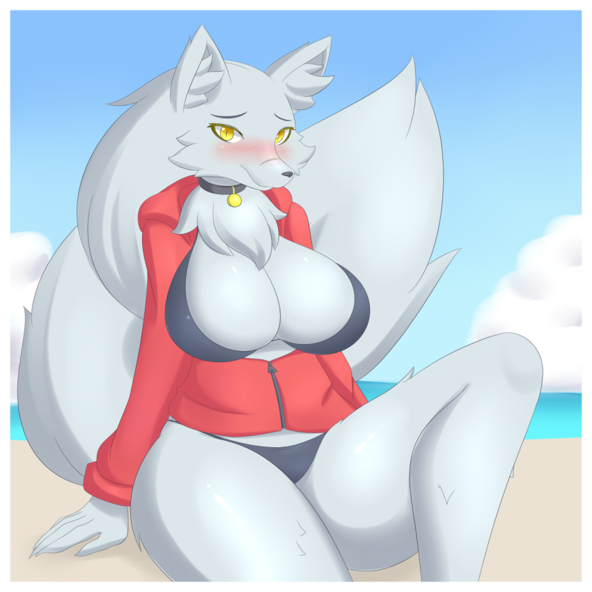 1girl 5_fingers anthro beach big_breasts big_tail bikini blush breasts canine chest_tuft cleavage clothed clothing cloud collar embarrassed eyebrows eyelashes fur furry grey_fur hair hoodie inner_ear_fluff jacket jcdr long_hair looking_at_viewer mammal outside revealing_(disambiguation) scar seaside shy sitting sky sliceofppai_(artist) slit_pupils smile swimsuit thick_thighs tuft velvela voluptuous water wide_hips wolf yellow_eyes