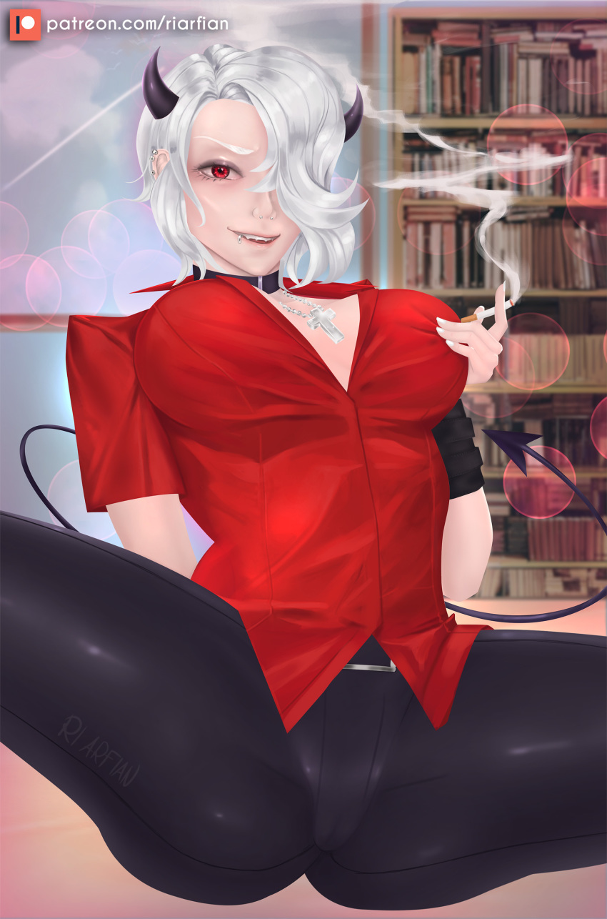 1girl 1girl bedroom big_breasts big_breasts bookshelf cameltoe choker cigarette clothed clothing collar demon demon_girl demon_horns devil devil_horns dress_shirt earrings female_only formal helltaker horn horns huge_breasts lip_piercing looking_at_viewer messy_hair nose_piercing office_lady on_bed patreon patreon_username piercing red_dress red_eyes red_shirt riarfian seductive seductive_look smoke smoking tail thick_thighs white_hair zdrada_(helltaker)