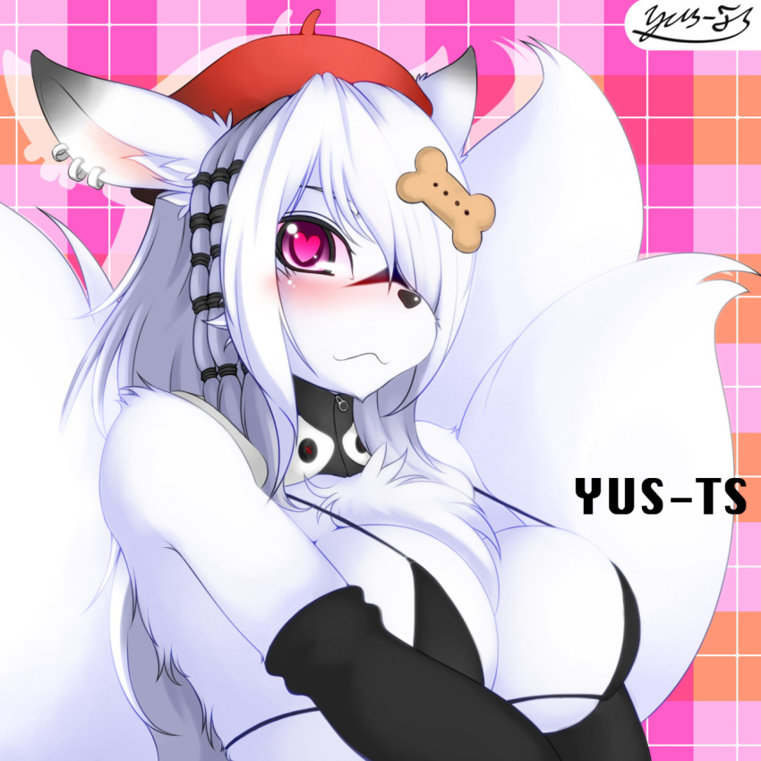 &lt;3 &lt;3_eyes 1girl 1girl abstract_background anthro armwear big_breasts bikini black_armwear black_nose blush bra breasts canine chest_tuft cleavage clothed clothing digital_media_(artwork) dog ear_piercing eyebrows eyelashes fur furry hair hair_over_eye half-length_portrait hat high_res inner_ear_fluff kemono long_hair looking_at_viewer mammal piercing portrait posture_collar signature simple_background swimsuit tuft underwear white_fur white_hair yus-ts