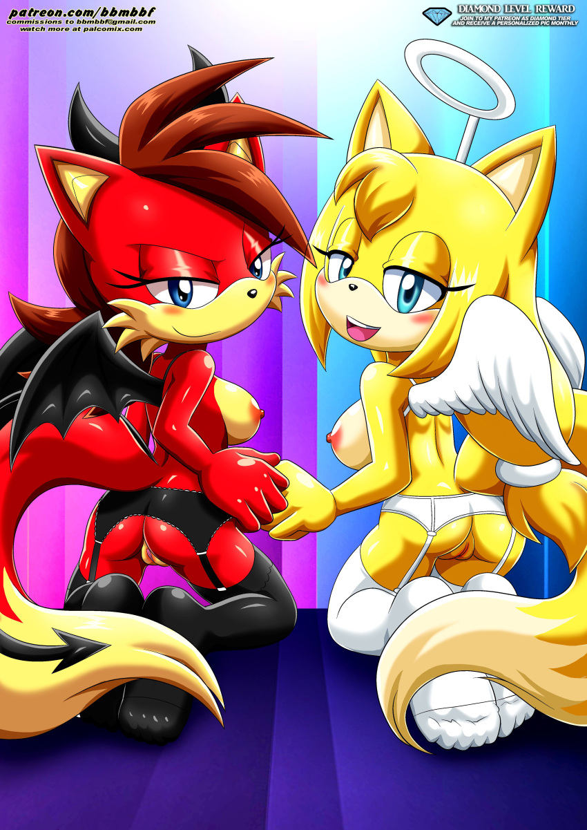 2_girls angel animal_ears archie_comics ass bbmbbf blonde_hair blue_eyes blush breasts brown_hair cute fiona_fox furry looking_at_viewer looking_back mobius_unleashed multiple_girls nipples palcomix pietro's_secret_club pussy sega sisters smile sonic_(series) sonic_boom sonic_the_hedgehog_(series) tail wings zooey_the_fox