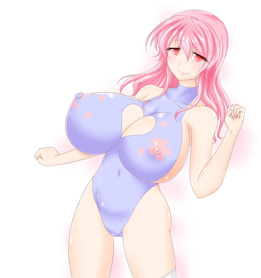 big_breasts breasts female huge_breasts looking_at_viewer one-piece_swimsuit pink_hair simple_background smile standing swimsuit torn_swimsuit touhou white_background white_socks white_stockings yuyuko_saigyouji