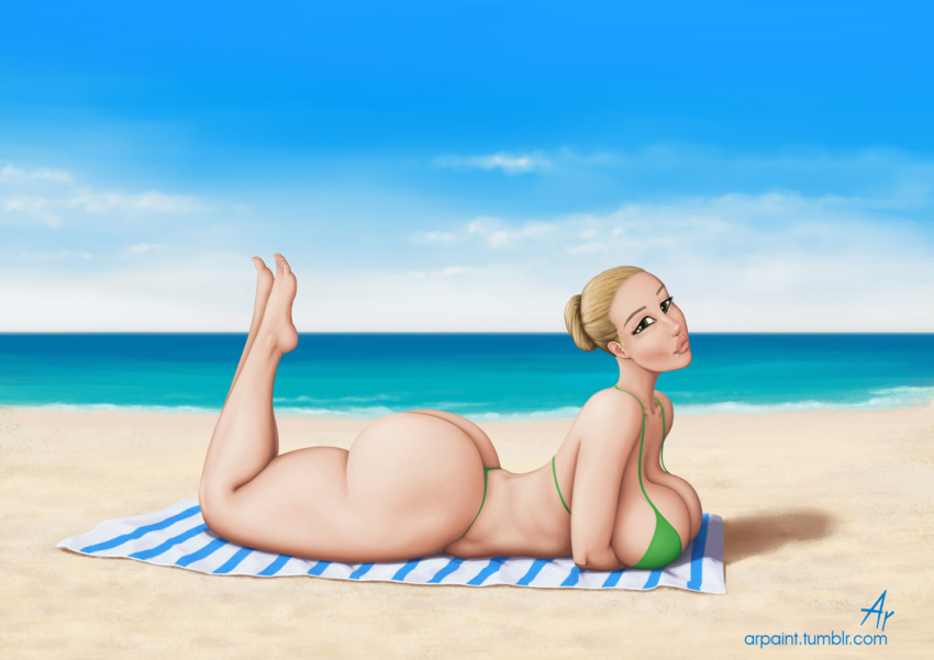 ar018 ass beach beach_blanket big_ass big_breasts bikini blanket breasts green_bikini hentai-foundry on_stomach tumblr