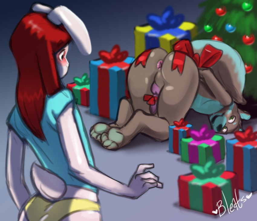 anthro anus ass ass_up bleats christmas christmas_tree duo furry girly holidays lagomorph looking_back male mammal mustelid otter penis penis_bow penis_ribbon presenting presenting_hindquarters rabbit ribbons smile standing testicles tree