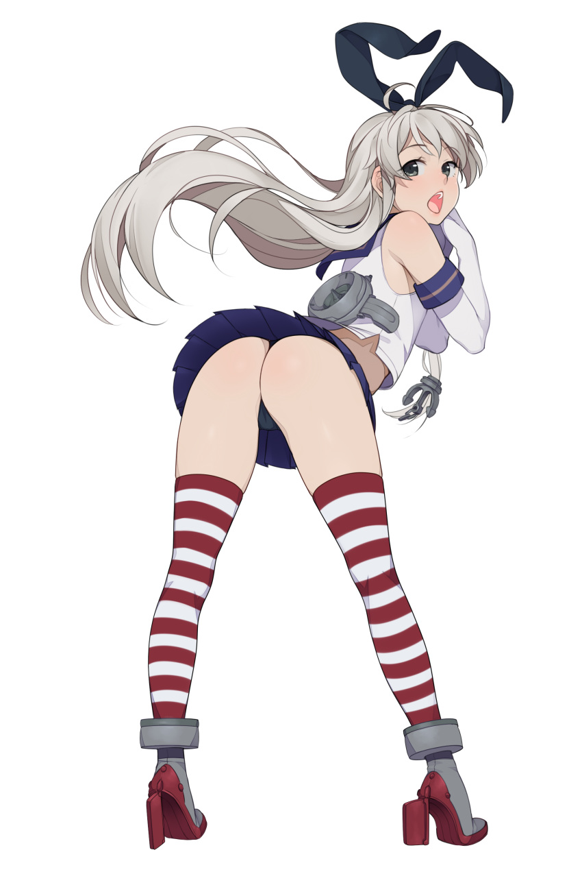 1girl ass cute high_heels kantai_collection long_hair looking_at_viewer looking_back open_mouth shimakaze_(kantai_collection) underwear white_hair