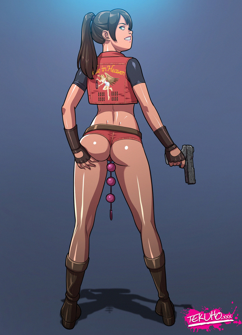 anal_beads ass big_ass claire_redfield female gun looking_at_viewer looking_back resident_evil resident_evil_2 solo tekuho_(artist) weapon
