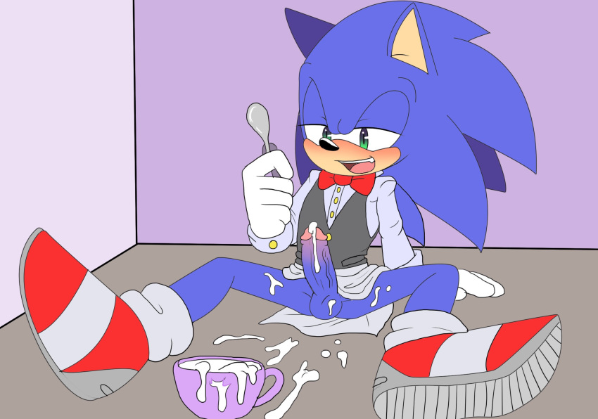1girl angelofhapiness anthro barrista blush bottomless bow_tie clothed clothing cum cum_as_food cum_drip dripping erection footwear furry gloves green_eyes half-closed_eyes hedgehog male mammal messy open_mouth penis sega shoes simple_background sitting sonic_the_hedgehog spoon testicles vein veiny_penis