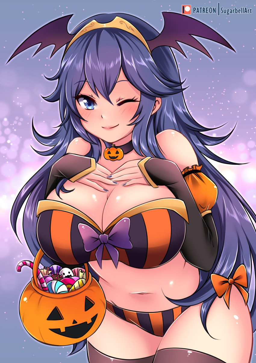 1girl alluring alternate_breast_size alternate_costume blue_eyes blue_hair blush bow breasts candy cleavage collar colored fake_wings female_only fire_emblem fire_emblem_awakening halloween halloween_costume jack-o'-lantern leggings long_hair looking_at_viewer lucina lucina_(fire_emblem) midriff nail_polish navel nintendo smile smiling_at_viewer succubus sugarbell thick_thighs thighs wink winking_at_viewer