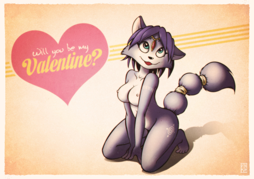 1girl anthro blue_eyes breasts canine cute fox fox-pop furry holidays krystal looking_at_viewer mammal nintendo nipples pinup pose poster star_fox valentine's_day video_games