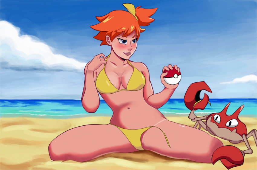 beach bikini blush hentai-foundry holding_poke_ball kasumi_(pokemon) krabby misty poke_ball pokemon tan tan_line tanned_skin thats-lewdacris_(artist)