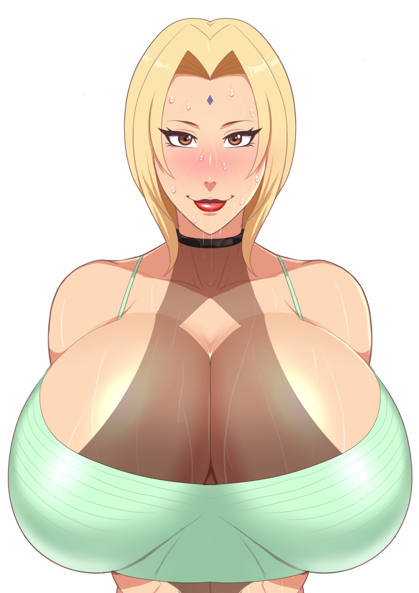 1girl 1girl bare_shoulders bbw big_breasts big_breasts big_breasts blonde_hair blush boruto:_naruto_next_generations brown_eyes cleavage collar crop_top female_focus female_only forehead_jewel forehead_mark front_view grin huge_breasts light-skinned_female light_skin lips lipstick looking_at_viewer makeup mature mature_female milf naruto naruto_(classic) naruto_(series) naruto_shippuden nose_blush oppai pinup red_lips red_lipstick shounen_jump smile solo_female solo_focus sweat sweatdrop sweaty tsunade tubetop voluptuous yellow_hair zxcv